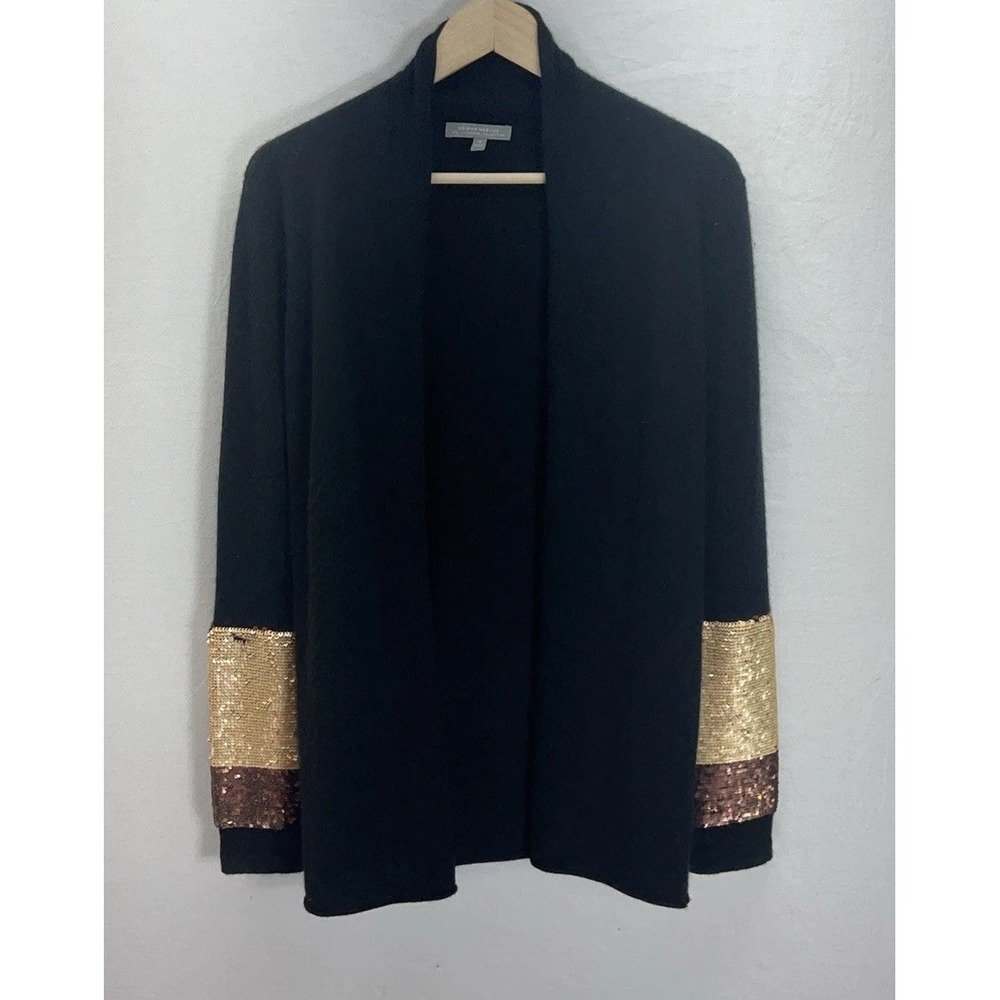 Neiman Marcus 100% Cashmere Black Sequined cuff Cardigan Size S Open festive